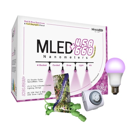 Miracle Led 450+660 Nanometer Indoor Grow Light Kit Red&Blue Spectrum 12W Replaces 150W 4Socket Corded Fixture 603547